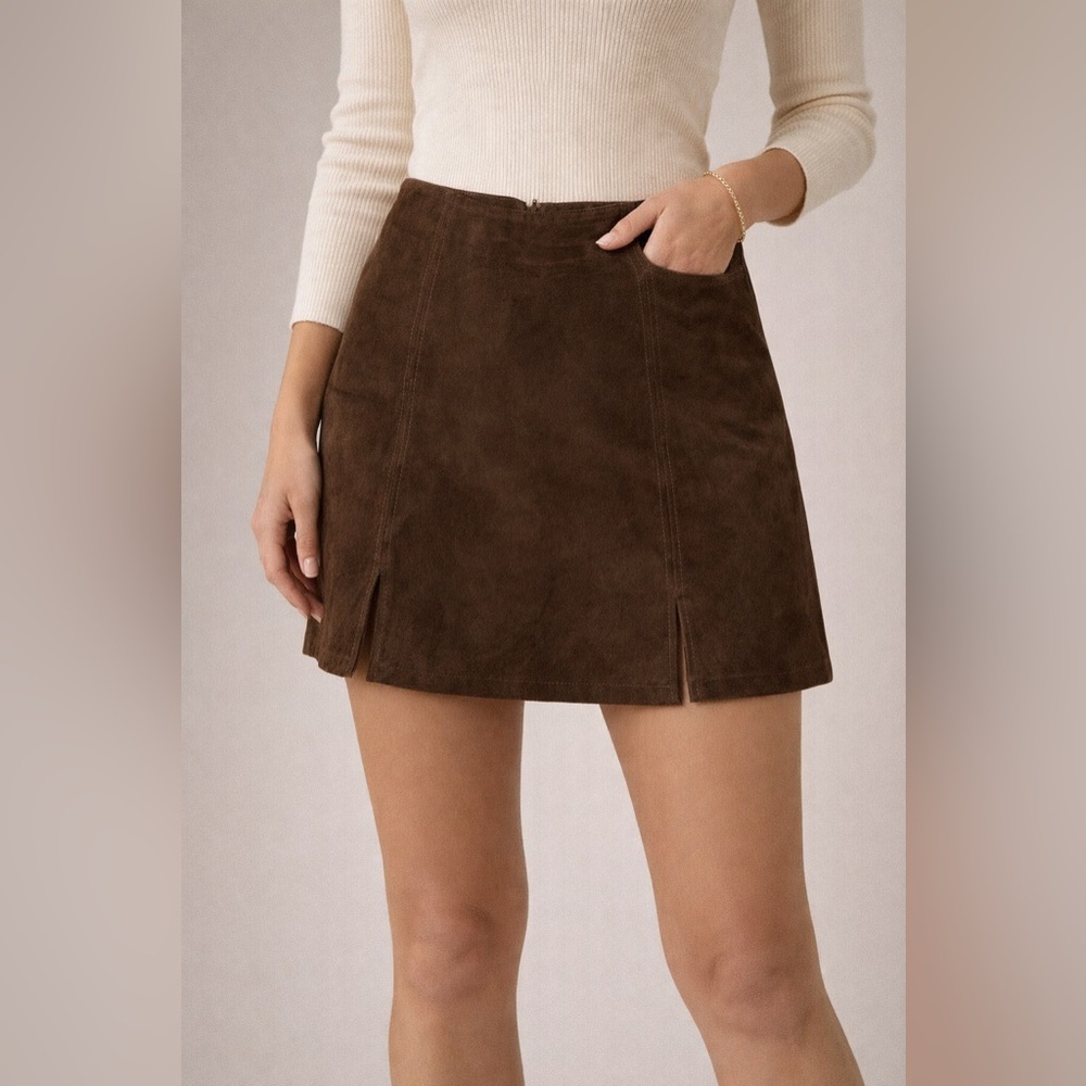 Naf‎ Naf Genuine Leather Brown Mini Skirt Size 40 (Approx. 28” Waist)